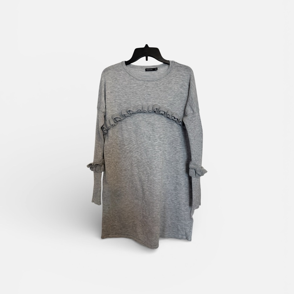 Elegant Long Sleeve Gray Dress with Ruffle Details - Picture 3 of 5